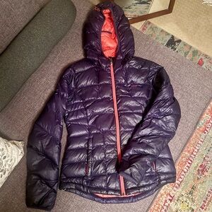 Lole Women’s Purple and Orange Down Puffer Full Zip Hooded Jacket.